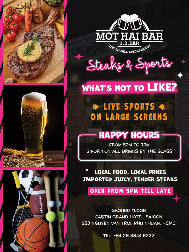 Được nâng cấp hoàn toàn mới theo phong cách Steaks and Sports, Mot Hai Bar xin giới thiệu đến quý thực khách thực đơn mới chủ đạo món bò thượng hạng chế biến theo công thức của đầu bếp 5 sao.