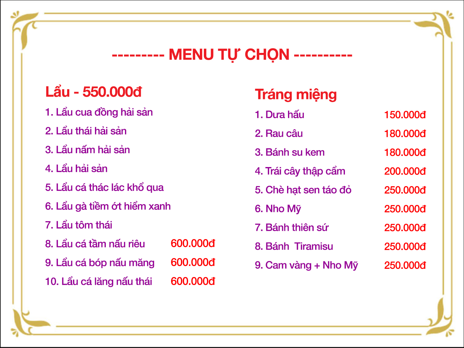 Thực đơn tiệc cưới Đôi Uyên Ương