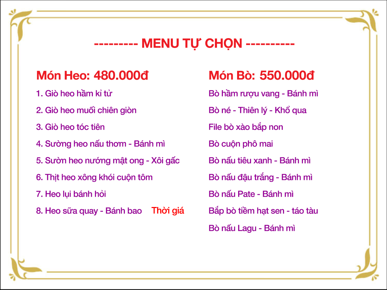 Thực đơn tiệc cưới Đôi Uyên Ương