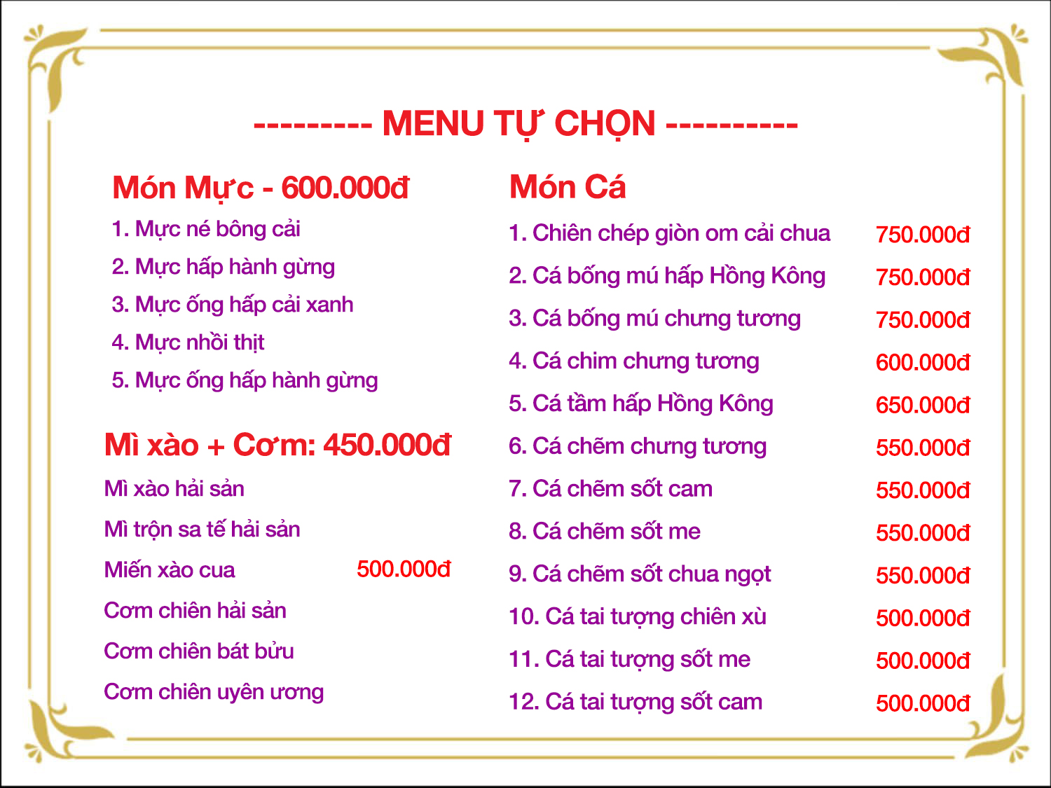 Thực đơn tiệc cưới Đôi Uyên Ương